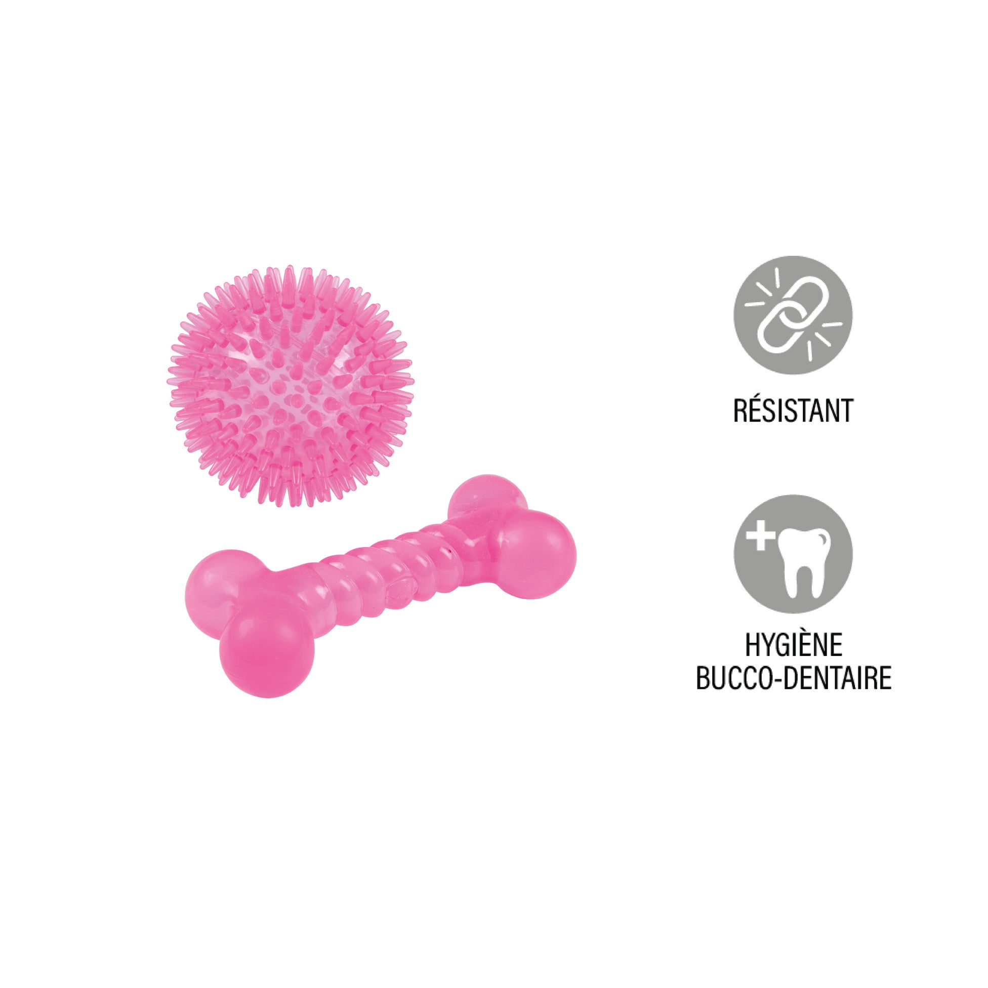 Set de 2 jouets balle et os rose 13 x 8 cm pour chien - vue 2