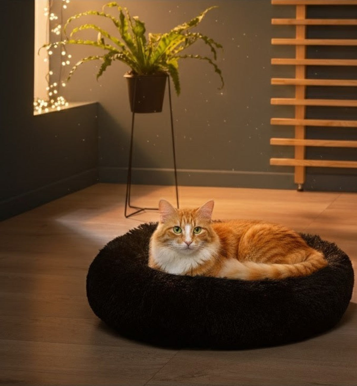 Coussin rond chat ou chien 25 x 55 cm fluffy noir