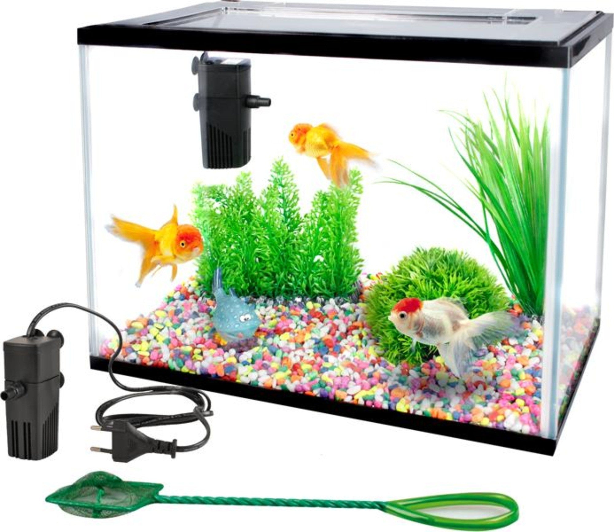 Kit Aquarium rectangulaire 16L avec filtre, gravier et épuisette