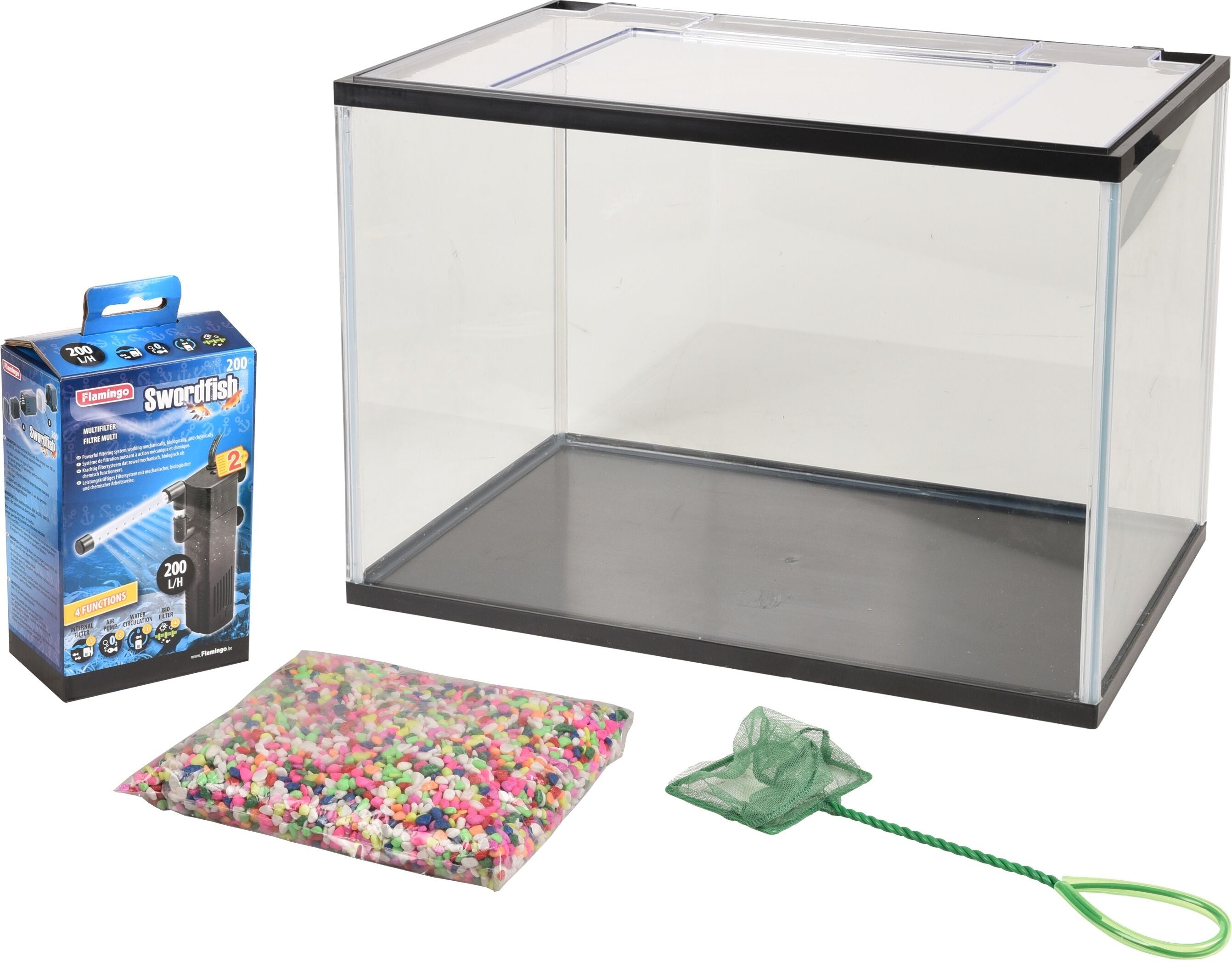 Kit Aquarium rectangulaire 16L avec filtre, gravier et épuisette