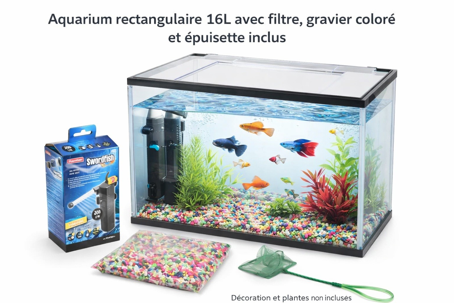 Kit Aquarium rectangulaire 16L avec filtre, gravier et épuisette