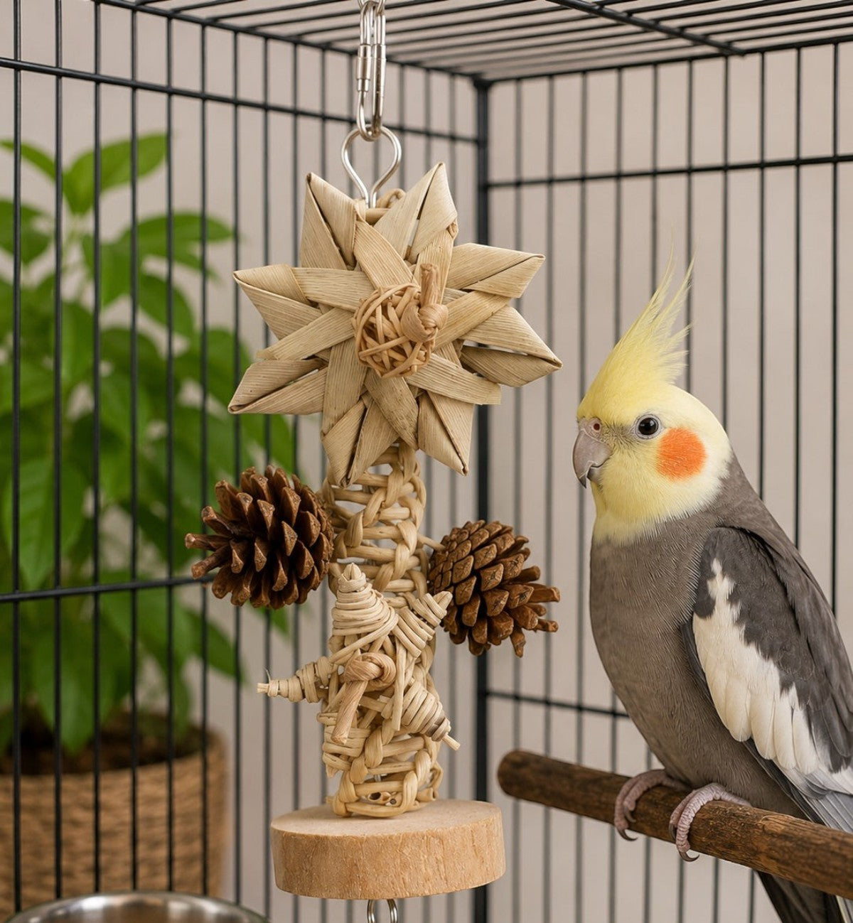 Jouet suspendu naturel Elin Animozen en rotin, bois de caféier et pommes de pin pour oiseaux. Stimule le jeu et le grignotage.
