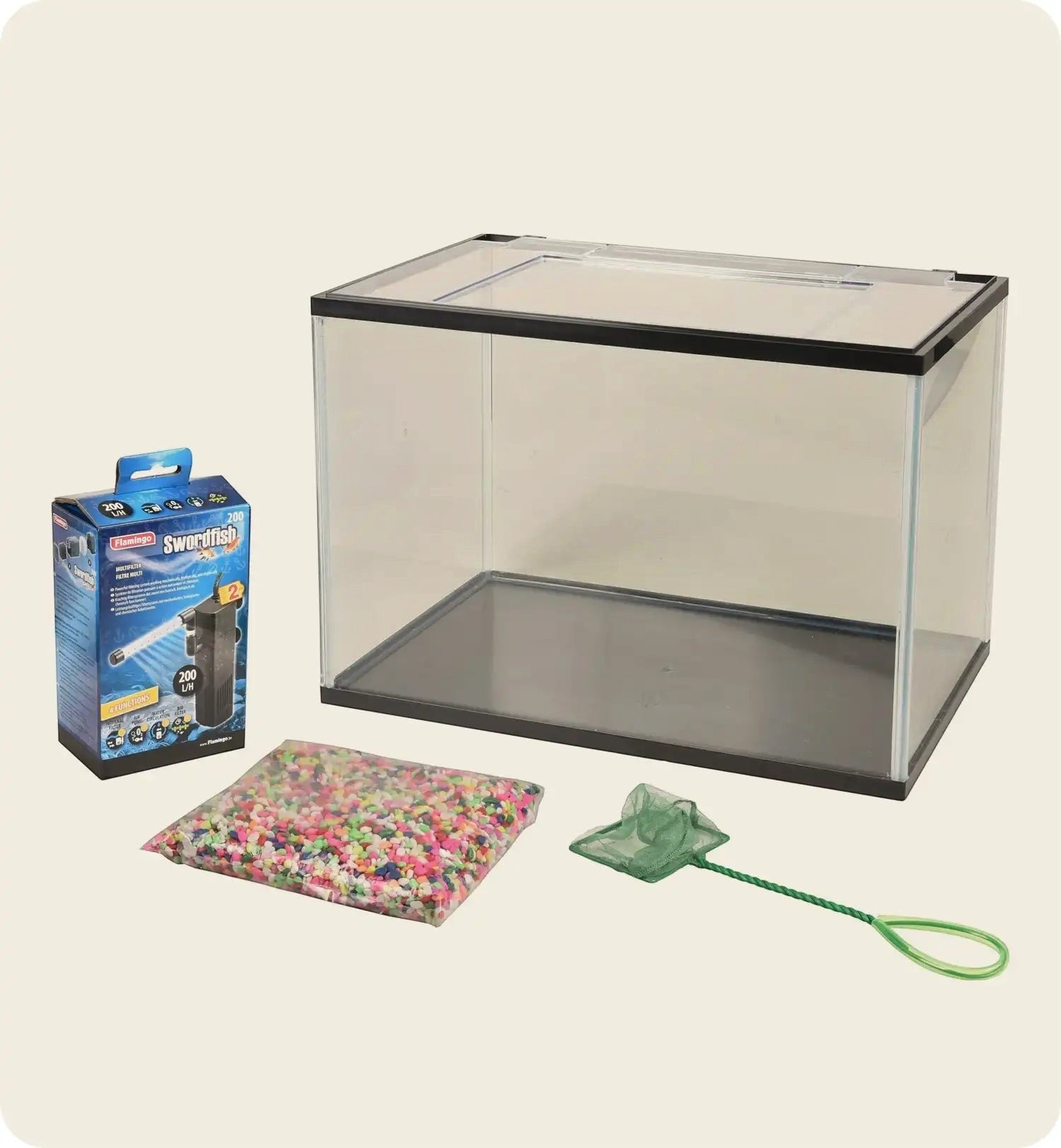 Kit aquarium rectangulaire Animozen 16L en verre et plastique avec filtre, gravier coloré et épuisette.
