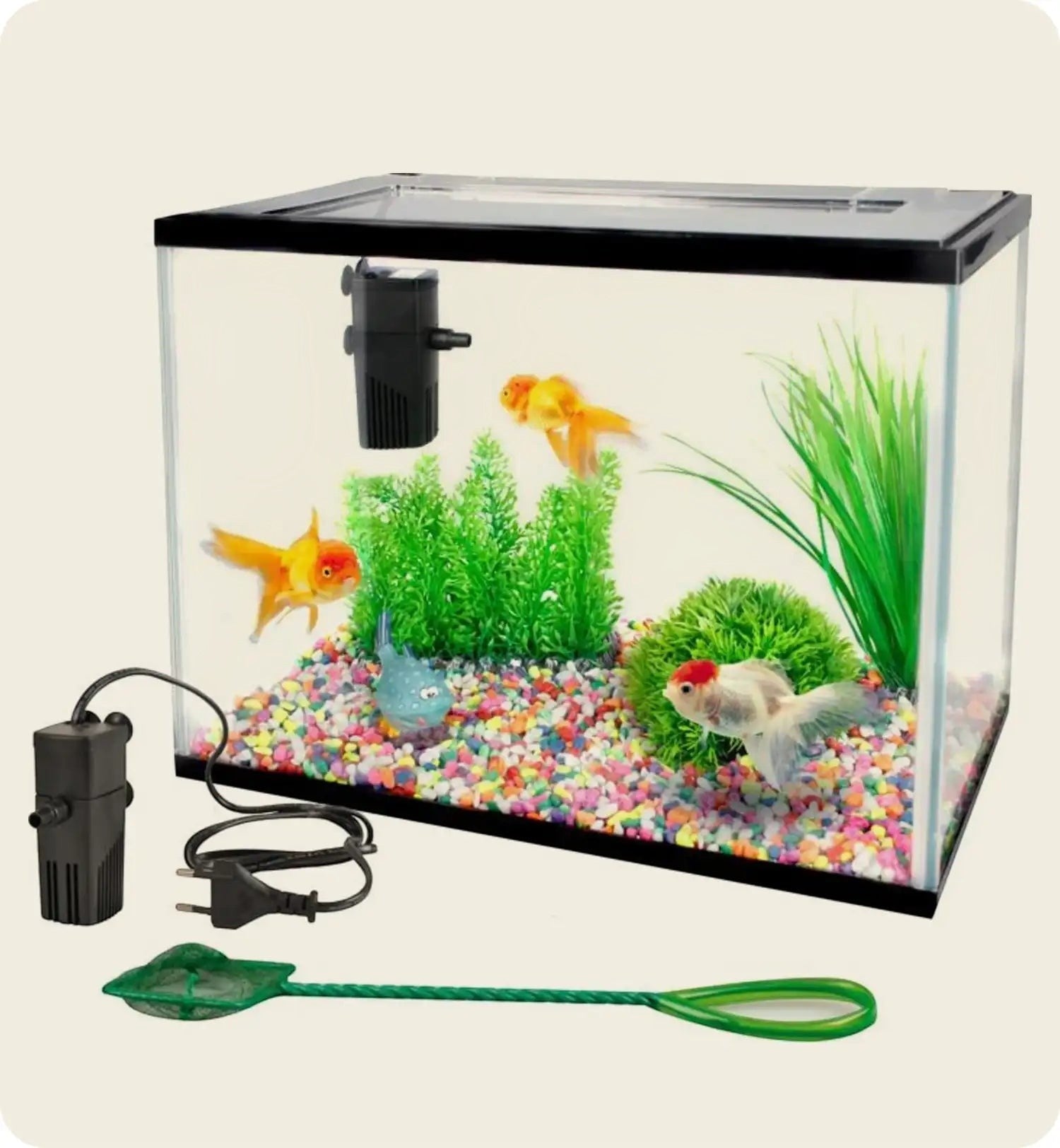 Animozen aquarium rectangulaire 16L en verre avec filtre, gravier coloré, épuisette et poissons rouges.