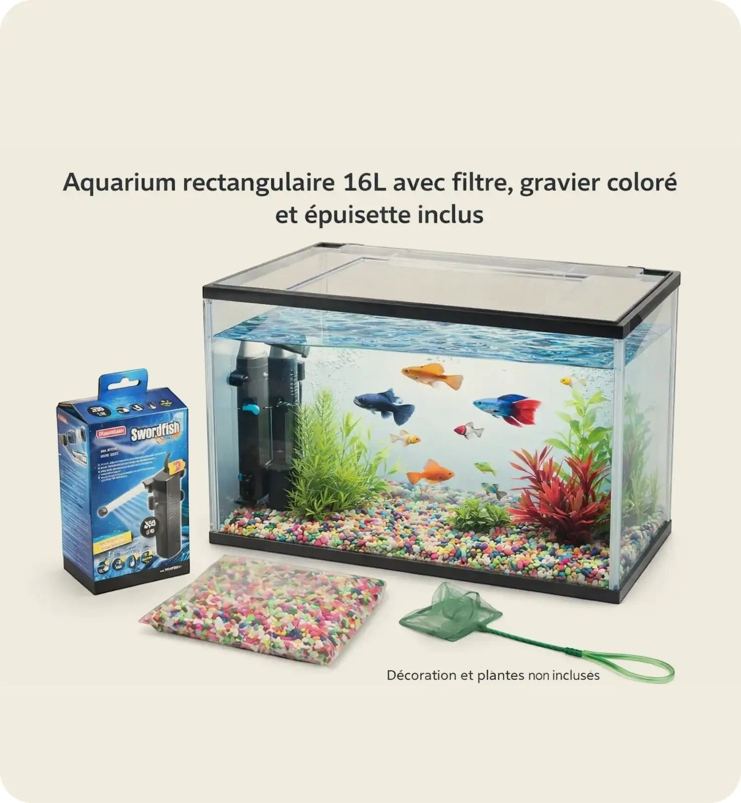 Animozen aquarium rectangulaire 16L en plastique avec filtre, gravier coloré et épuisette inclus. Idéal pour poissons.