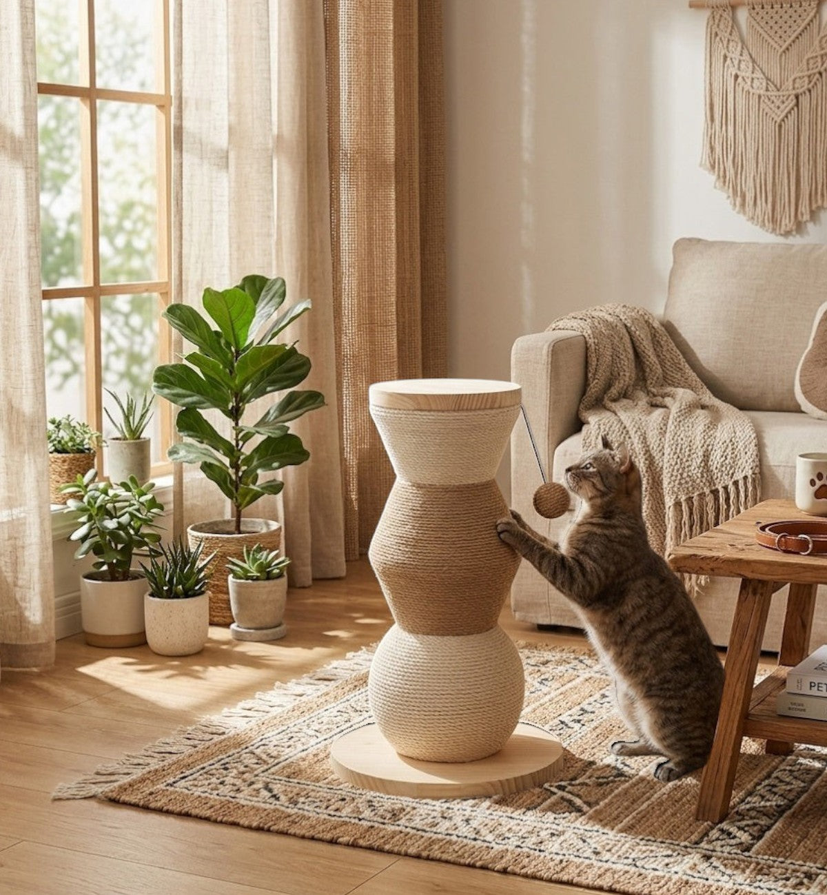 Arbre à chat Animozen beige en bois de pin avec cordes en jute et coton, jouet suspendu, 47 cm.