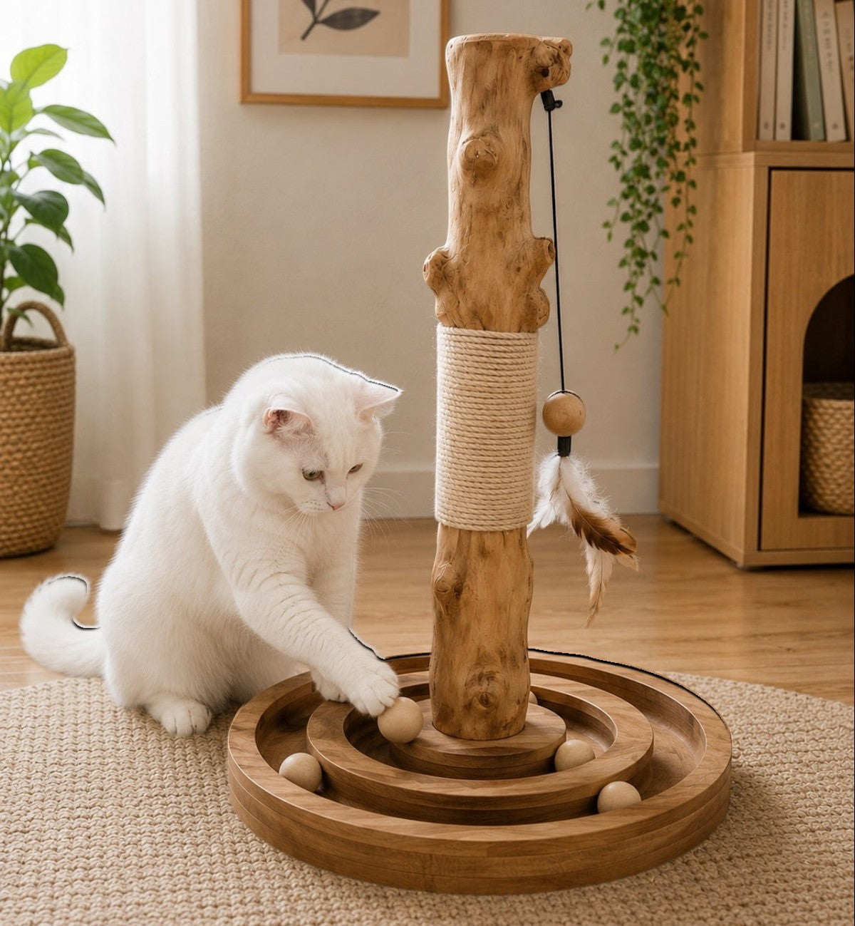 Arbre à chat Animozen Kofti en bois naturel avec poteau griffoir en corde de jute et jouet plume.