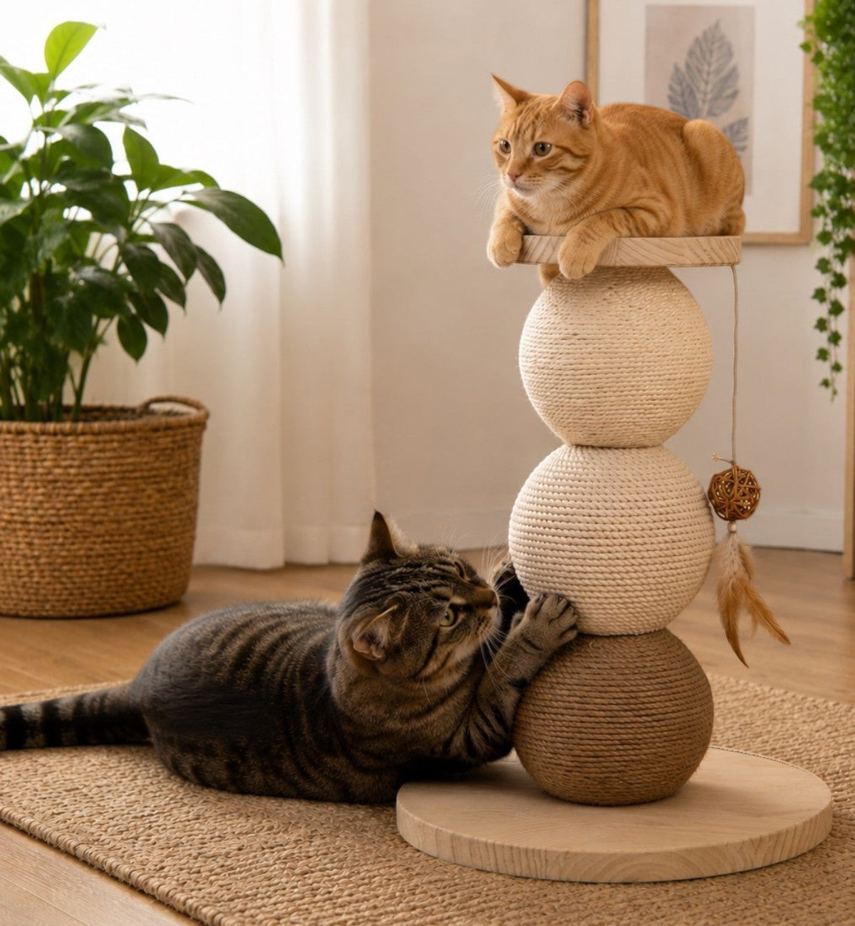 Arbre à chat Animozen avec plateforme, griffoir en corde beige et marron, 47cm, 2 chats jouant.