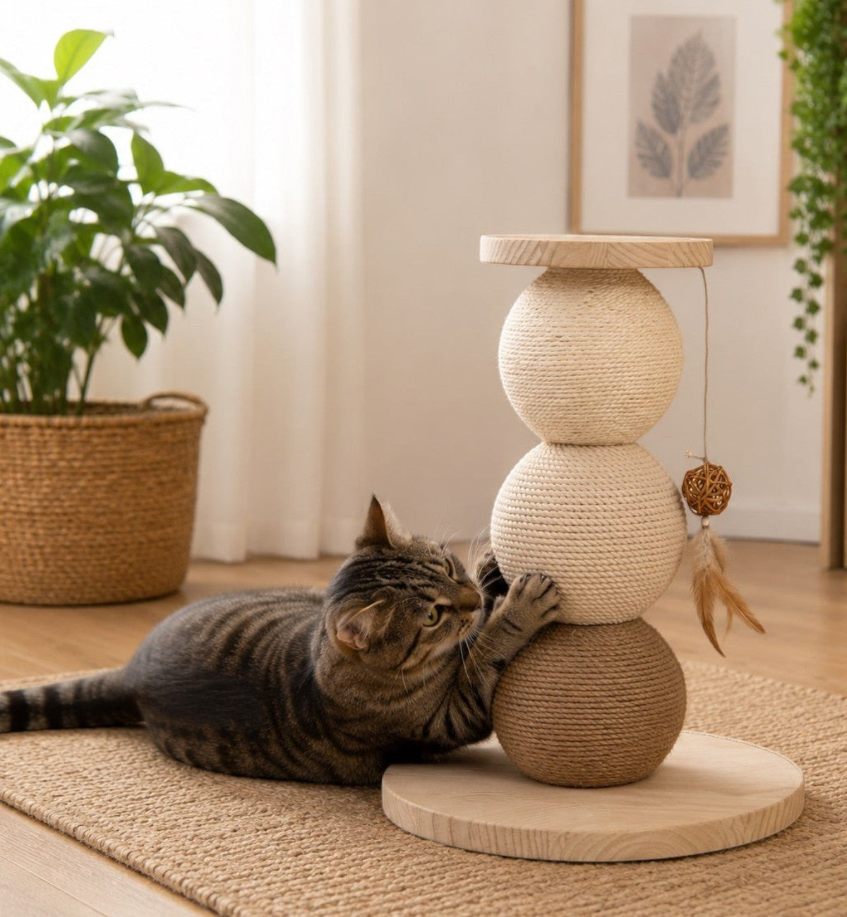 Arbre à chat Animozen avec plateforme, griffoir en corde naturelle et bois, 47cm, avec jouet plume.