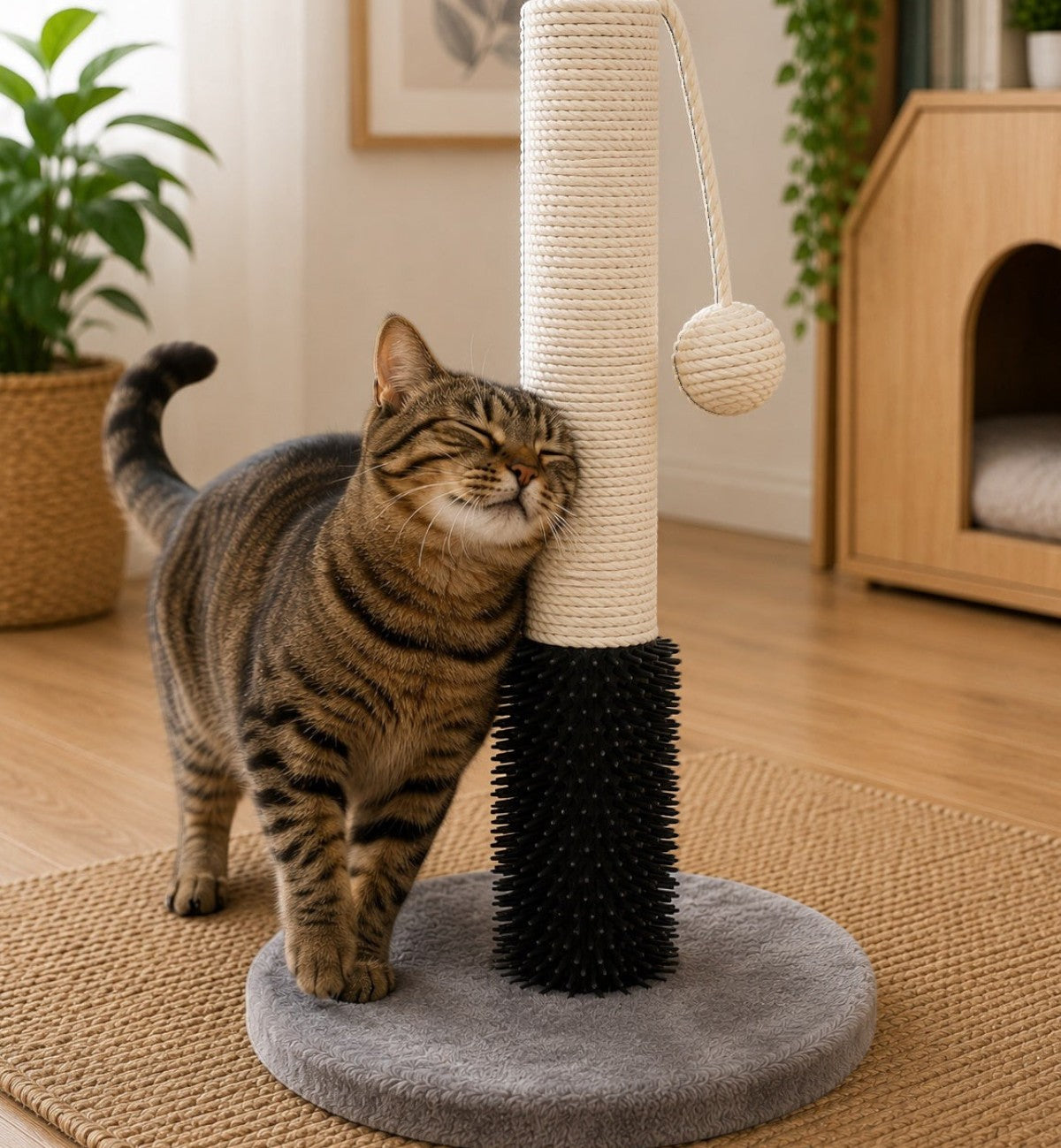 Arbre à chat Animozen Alize gris et blanc avec poteau griffoir en corde de coton et surface de massage.