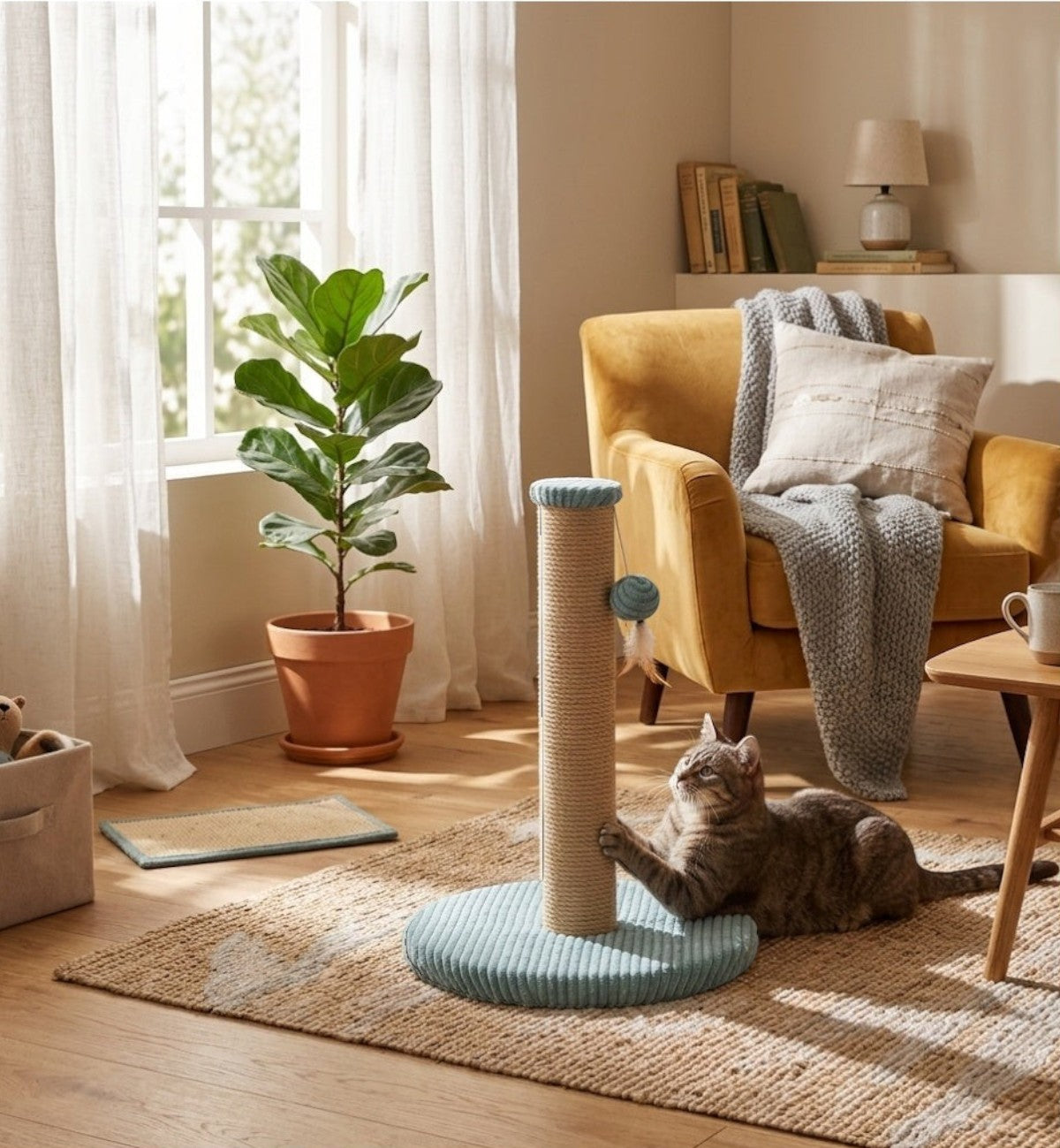 Arbre à chat Animozen Riba en corde de jute et peluche bleu sarcelle avec jouet suspendu, idéal pour le jeu et la détente.