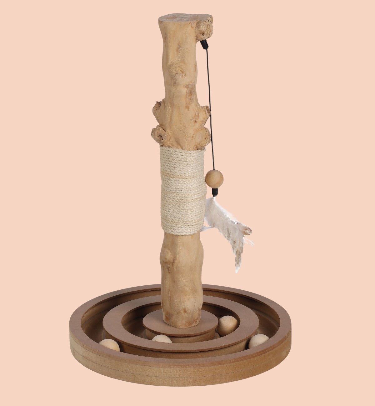 Animozen Arbre à chat Kofti en bois naturel avec corde en jute, circuit à balles et plume