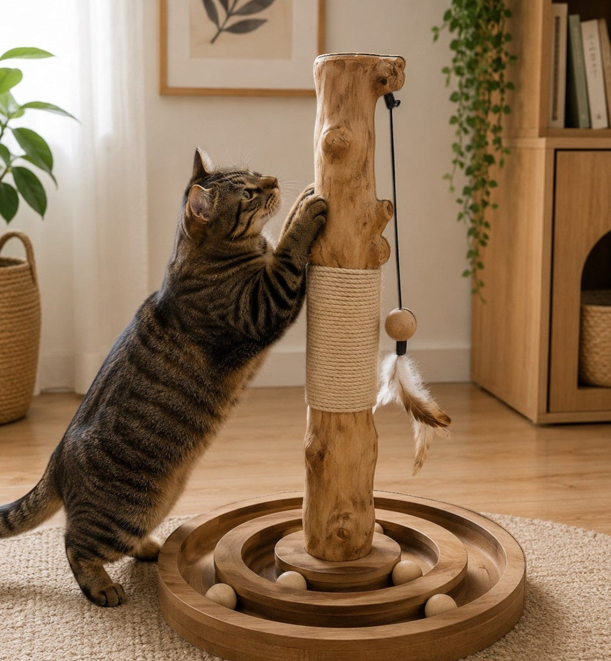 Animozen Kofti arbre à chat interactif en bois naturel avec corde en jute et jouet à plumes