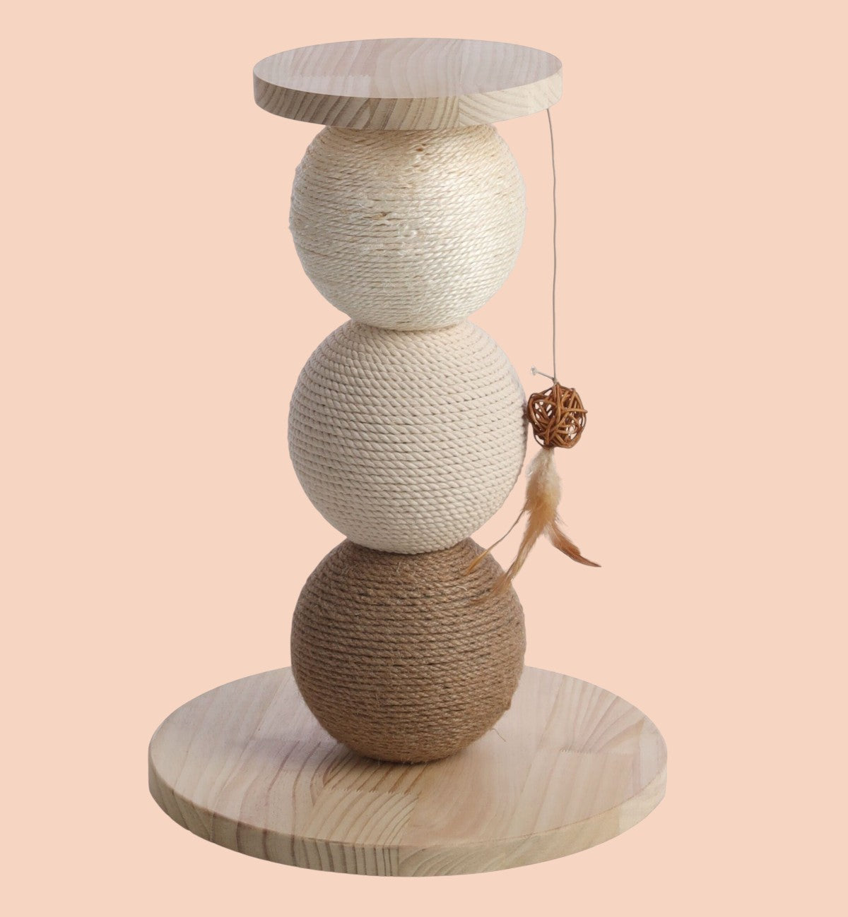 Animozen Arbre à chat rond avec plateforme en bois, boules en corde écru et marron, jouet plume.