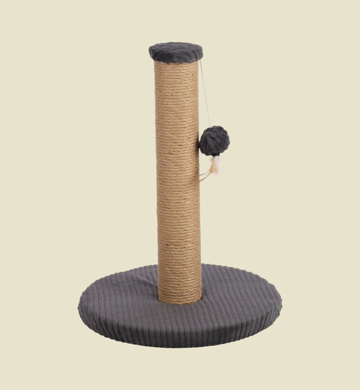 Arbre à chat Animozen Riba gris foncé avec jouet suspendu et griffoir en corde de jute.