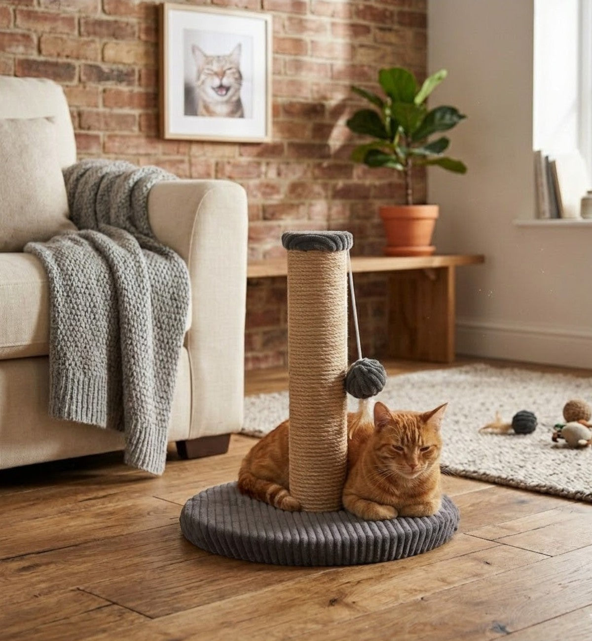 Arbre à chat Animozen Riba en corde de jute et peluche grise avec jouet suspendu, idéal pour le jeu et la détente.