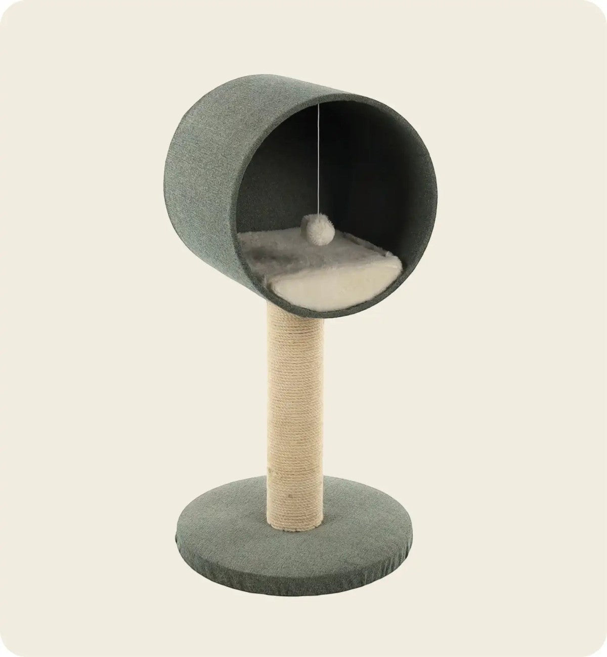 Arbre à chat Animozen Scandi vert menthe et blanc avec cachette, coussin et jouet suspendu.