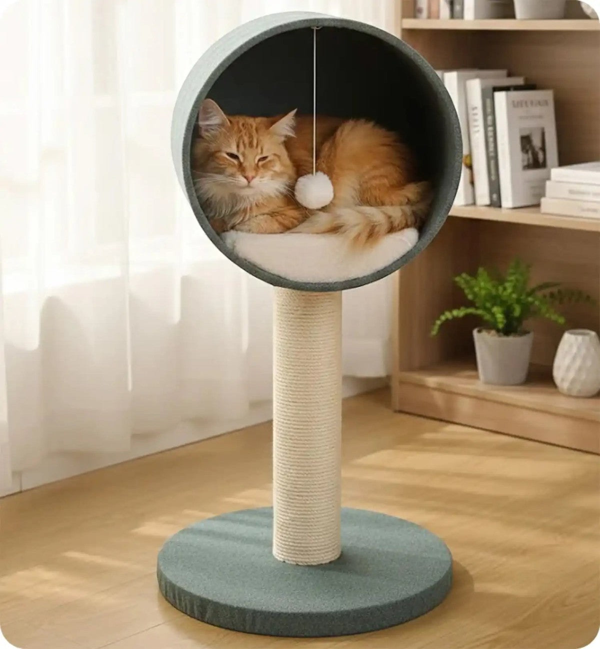 Arbre à chat Animozen Scandi vert menthe et blanc avec cachette, poteau en corde de jute et jouet suspendu.