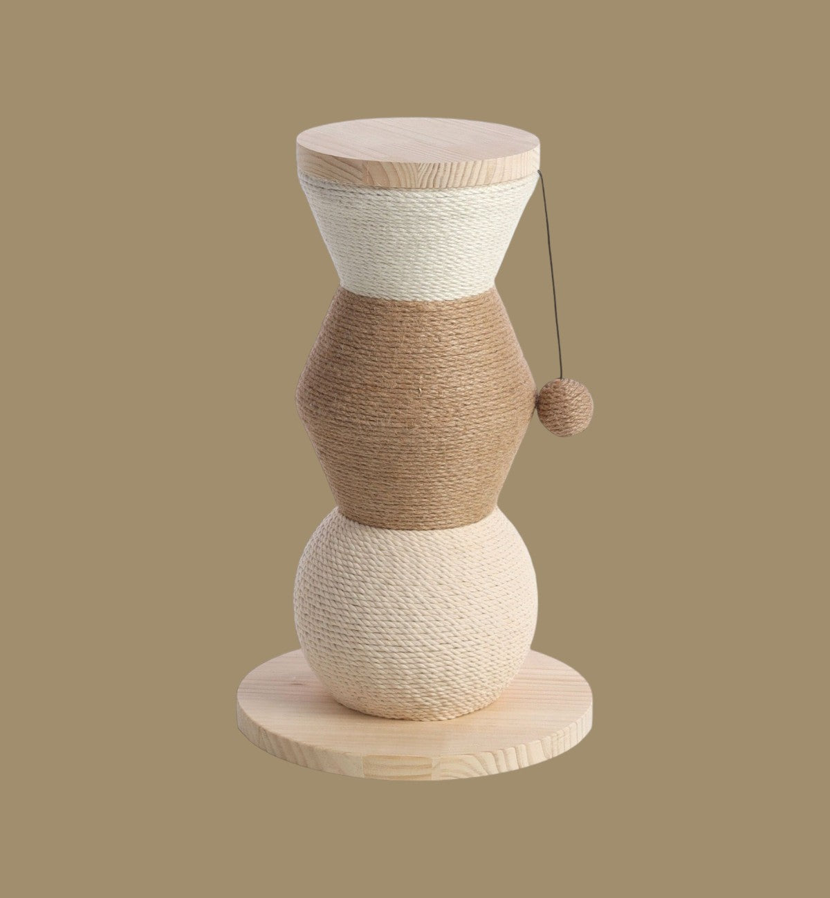 Arbre à chat Animozen Stubb beige en bois de pin avec cordes en jute et coton, jouet suspendu, 47 cm