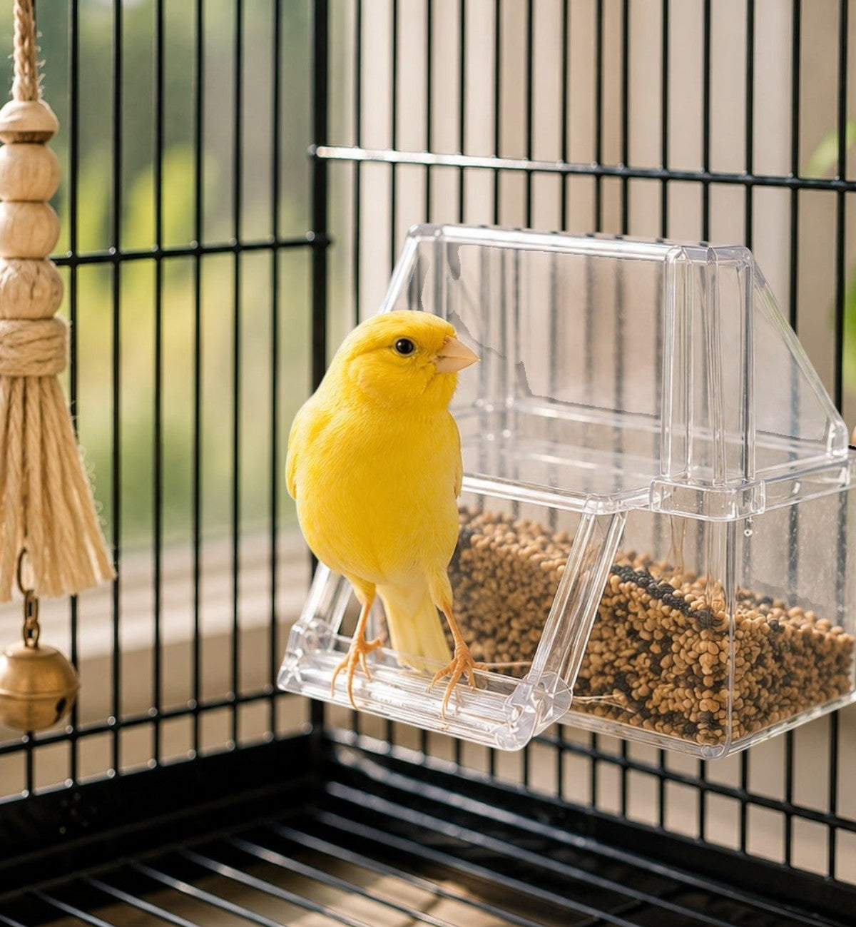 Auget transparent en plastique pour oiseaux Animozen avec marche, idéal pour graines et eau. Facile à nettoyer.