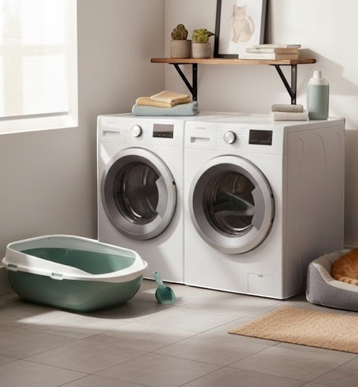 Bac à litière pour chat Animozen vert et blanc, grand format avec rebord hauts et tapis de sortie intégré.