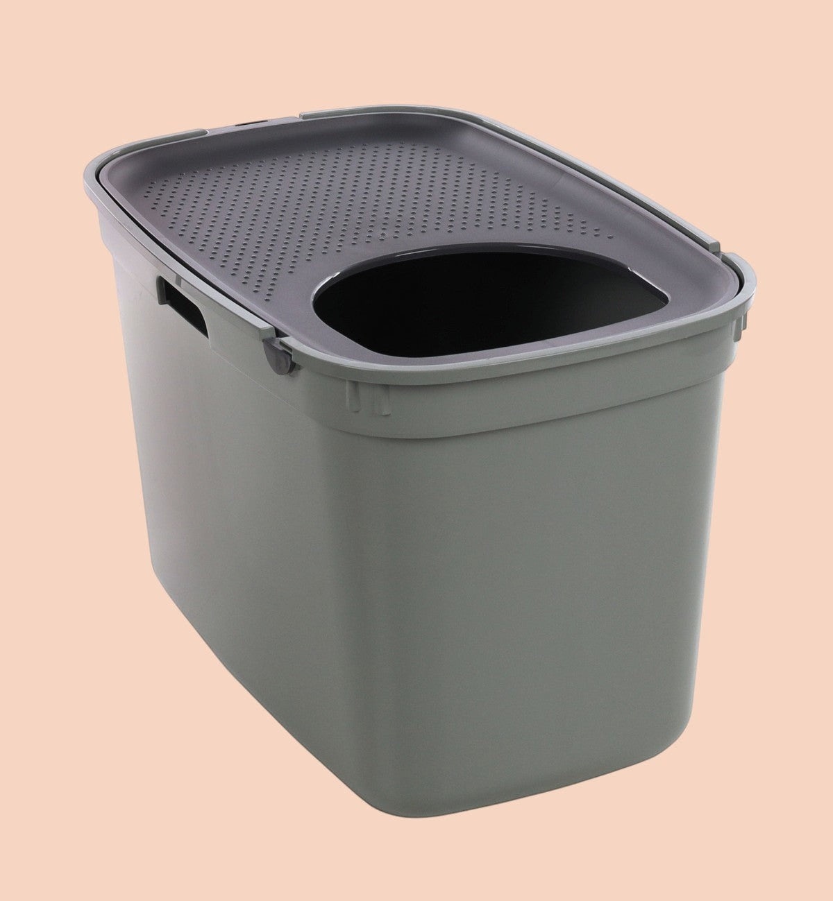 Bac à litière pour chat Animozen Kato vert olive en plastique recyclé avec entrée par le dessus et tapis anti-projection.