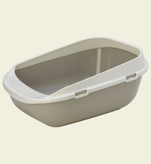 Animozen bac à litière XL gris et blanc en plastique avec tapis de sortie intégré et rebord haut pour limiter les projections.