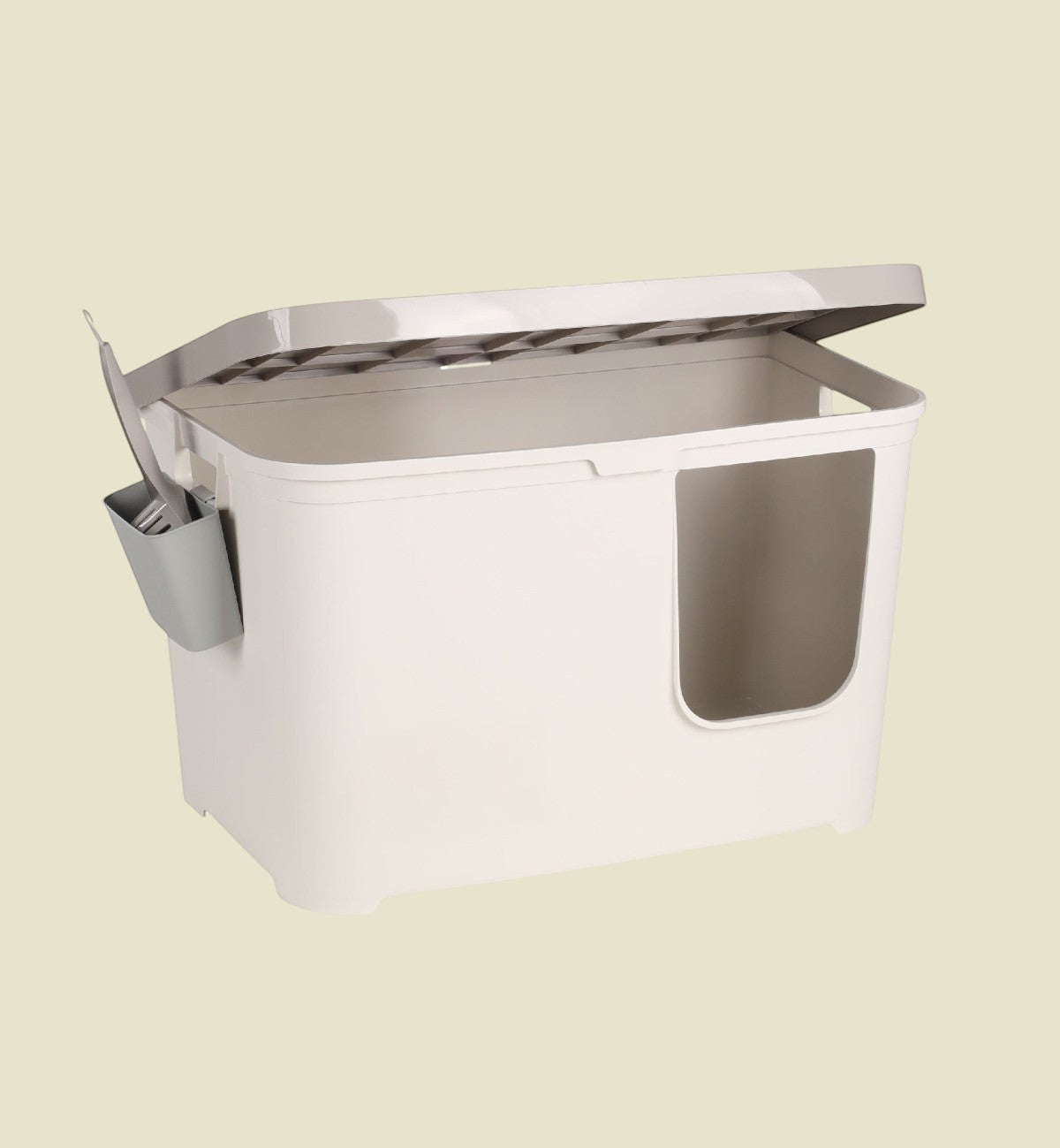 Bac à litière fermé blanc en polypropylène Animozen avec pelle et support, entrée basse, 76 x 45 cm