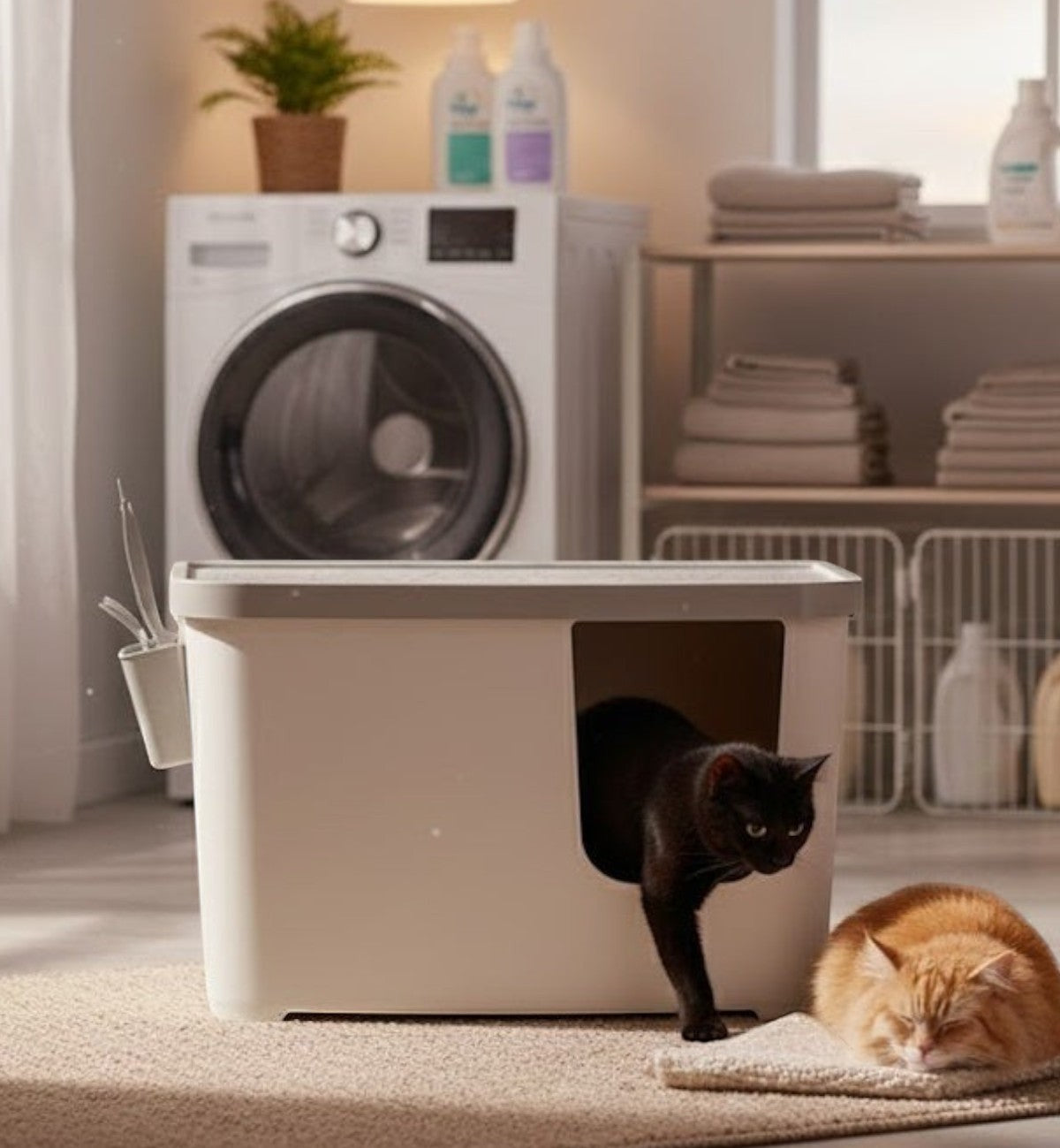 Bac à litière fermé blanc en polypropylène avec pelle et support, idéal pour chats de toutes tailles.