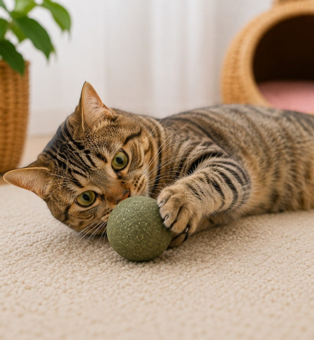 Balle de cataire naturelle Animozen Katti verte, jouet pour chat, 5 cm de diamètre, 100% cataire naturelle.
