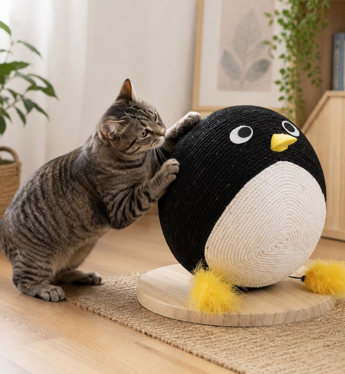 Balle à griffer pingouin Animozen en corde de jute et coton, noir et blanc avec plumes jaunes.