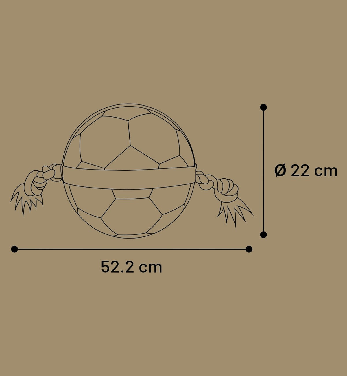 Ballon de football Animozen pour chien en caoutchouc blanc et noir avec corde, diamètre 22 cm.
