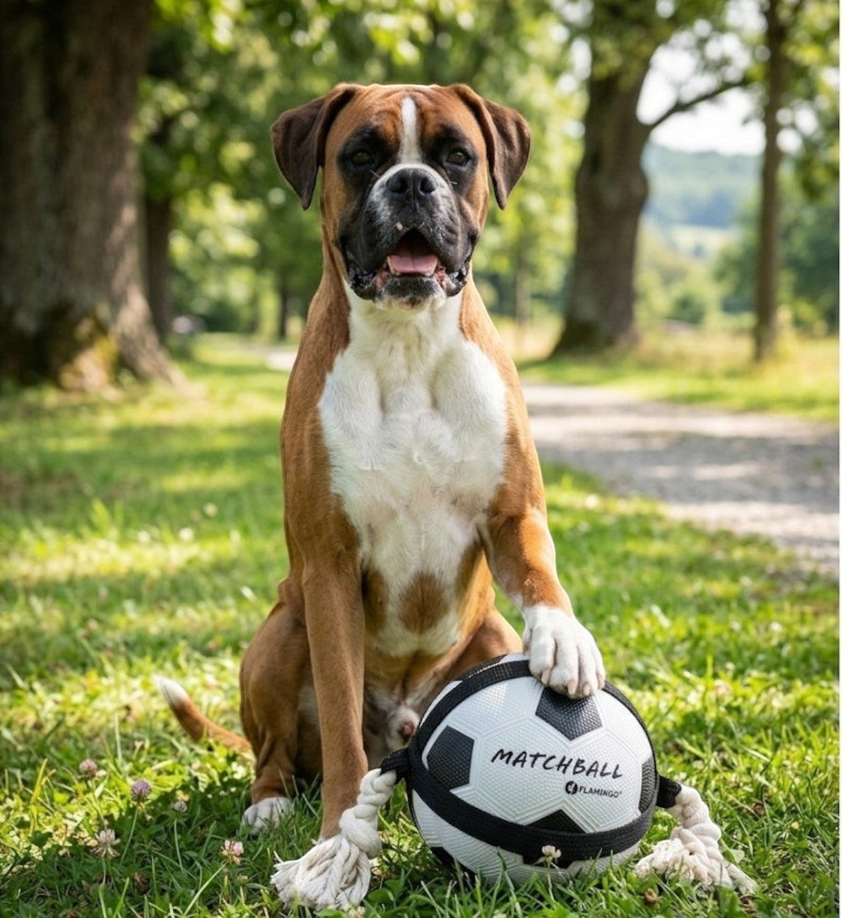 Ballon de football blanc et noir pour chien en caoutchouc résistant avec corde, par Animozen