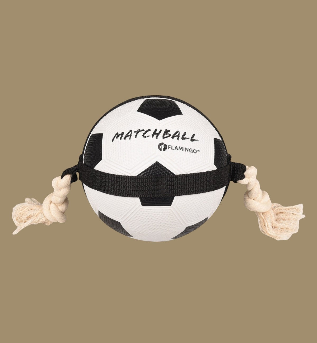 Animozen ballon de football pour chien en caoutchouc blanc et noir avec corde intégrée pour jouer.