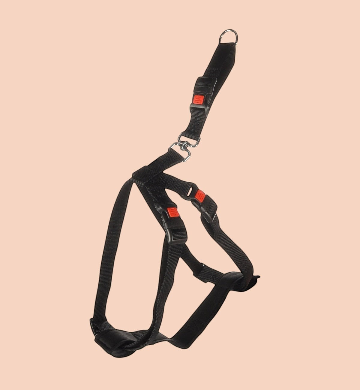 Animozen Duma black nylon dog car safety harness with red clip buckles and leash ring, adjustable straps.