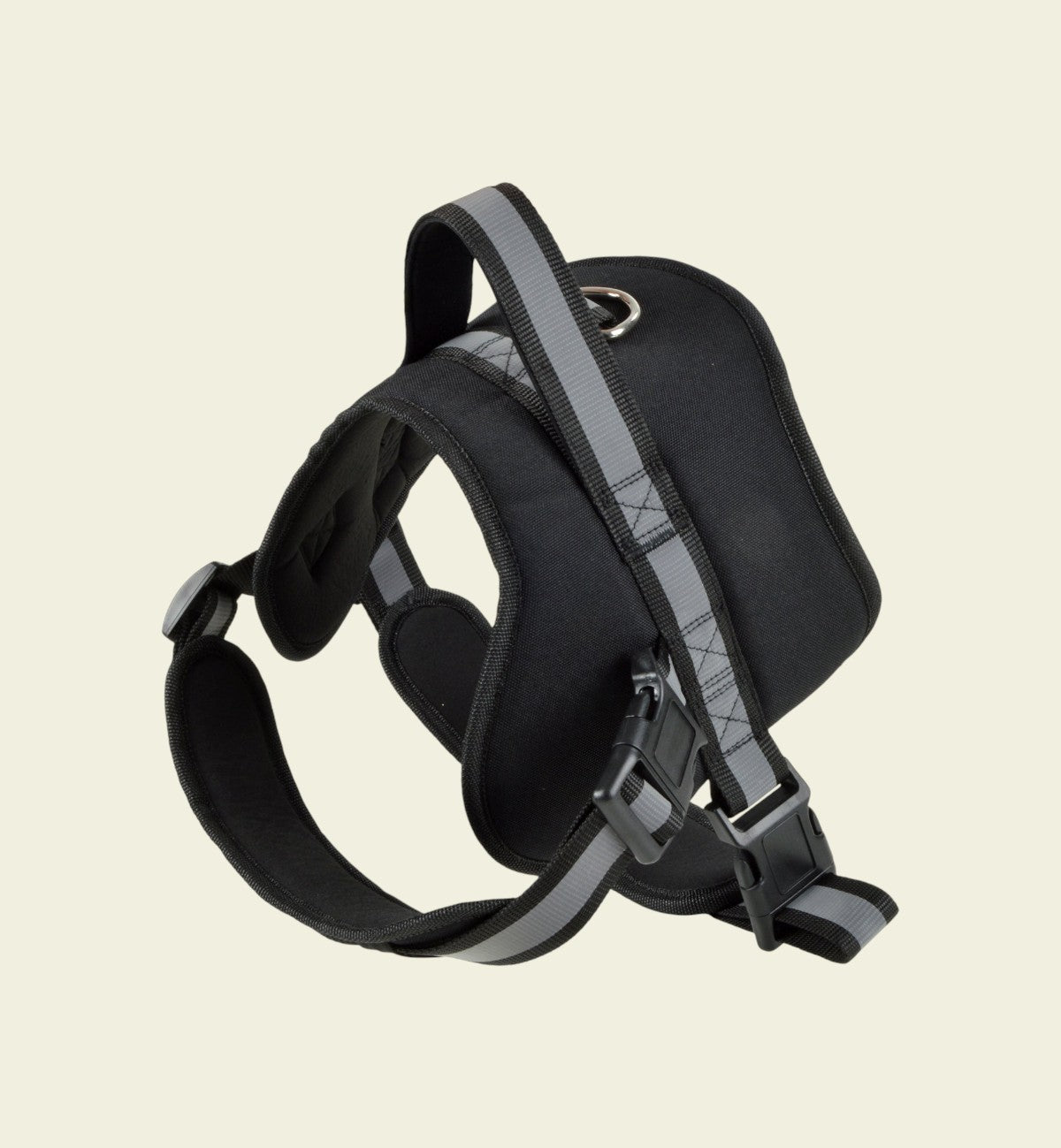 Animozen black polyester dog harness, size XL, with padded lining, reflective strips, and metal D-ring.