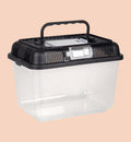Boîte de transport transparente et noire en polystyrène pour poissons, reptiles, insectes et rongeurs, avec poignée et aération.
