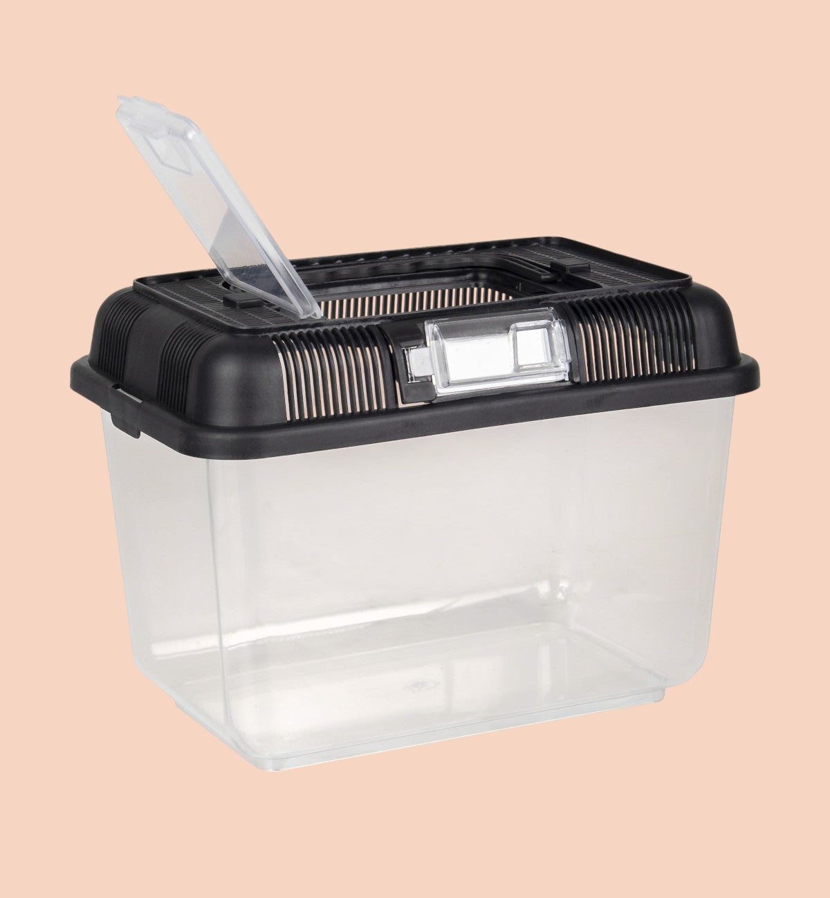 Boîte de transport transparente et noire en polystyrène pour poissons, reptiles, insectes et rongeurs par Animozen. Avec aération et trappe.