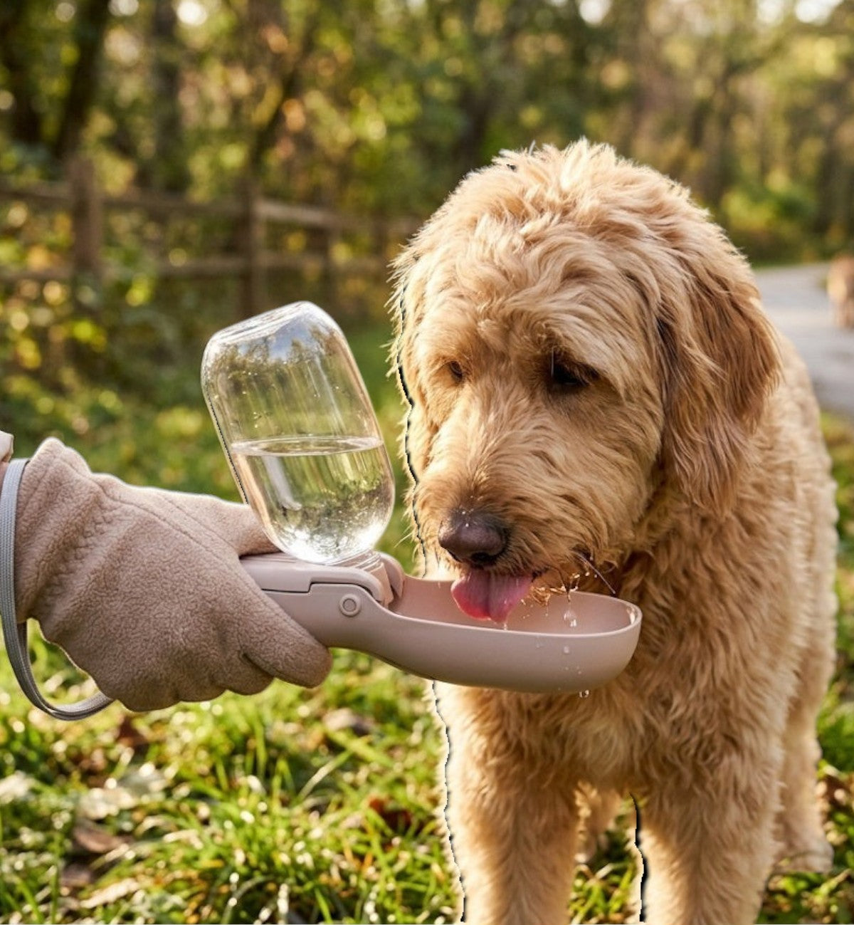 Bouteille d'eau portable Animozen taupe 2-en-1 avec compartiment à friandises pour chien, idéale pour les balades.