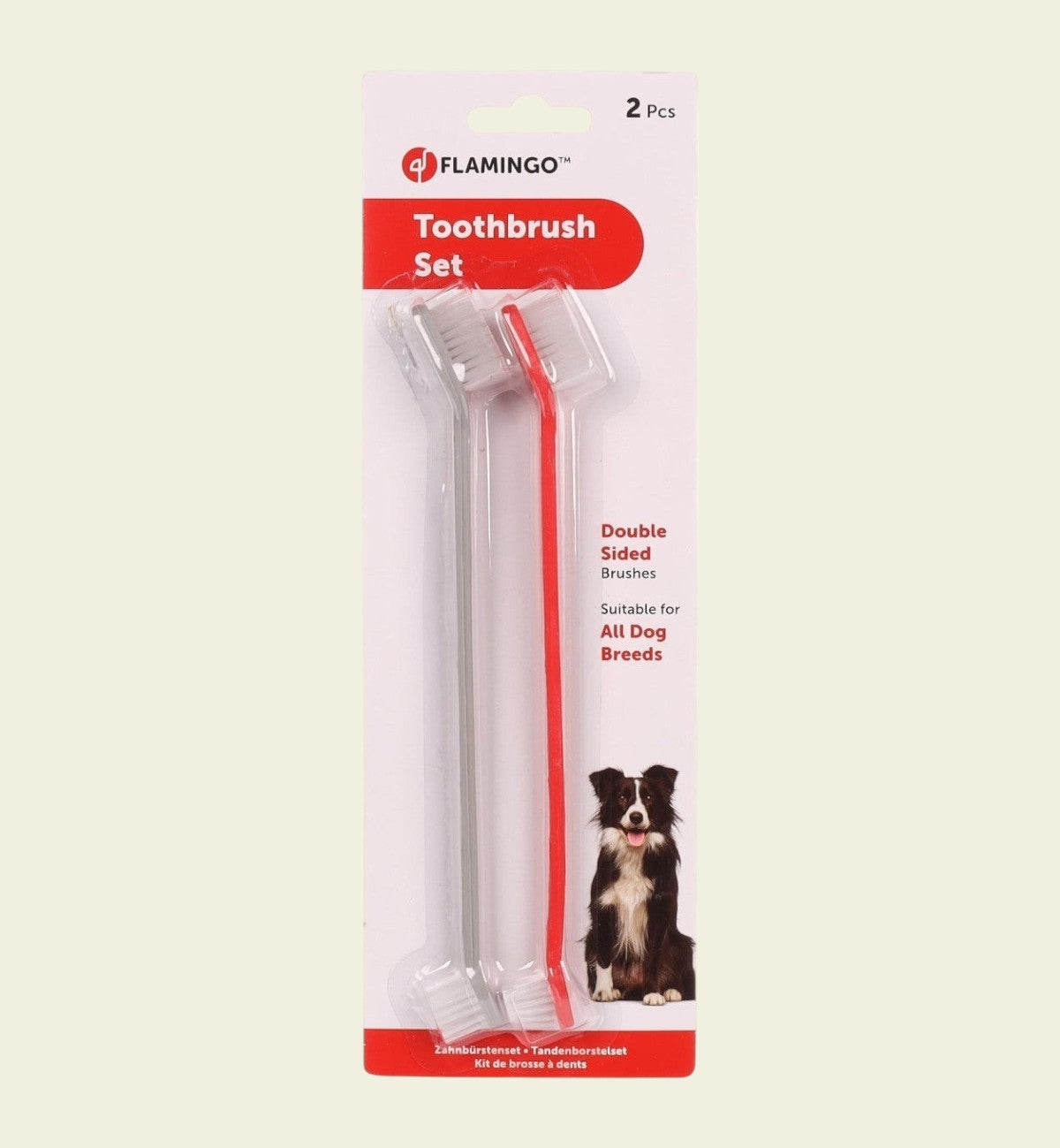 Lot de 2 brosses à dents pour chien Animozen, double face, rouge et gris, en polypropylène.