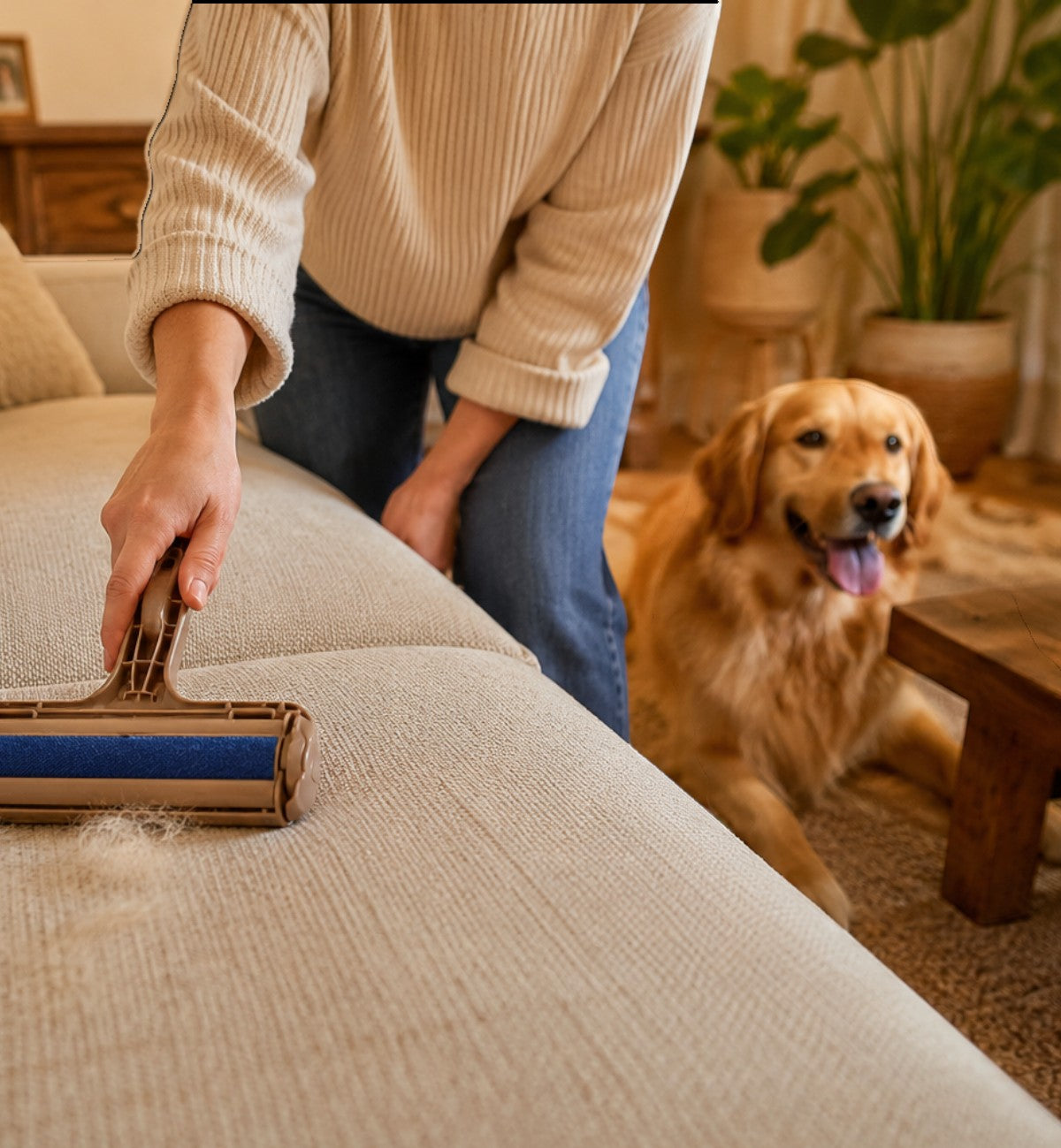Brosse anti-poils Animozen taupe, bleue et noire en plastique ABS pour nettoyer canapés et vêtements.