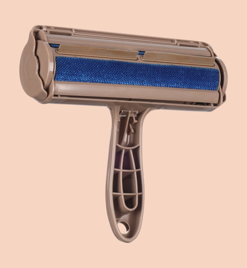 Brosse anti-poils taupe et bleue en plastique ABS, réutilisable, pour textiles et surfaces.
