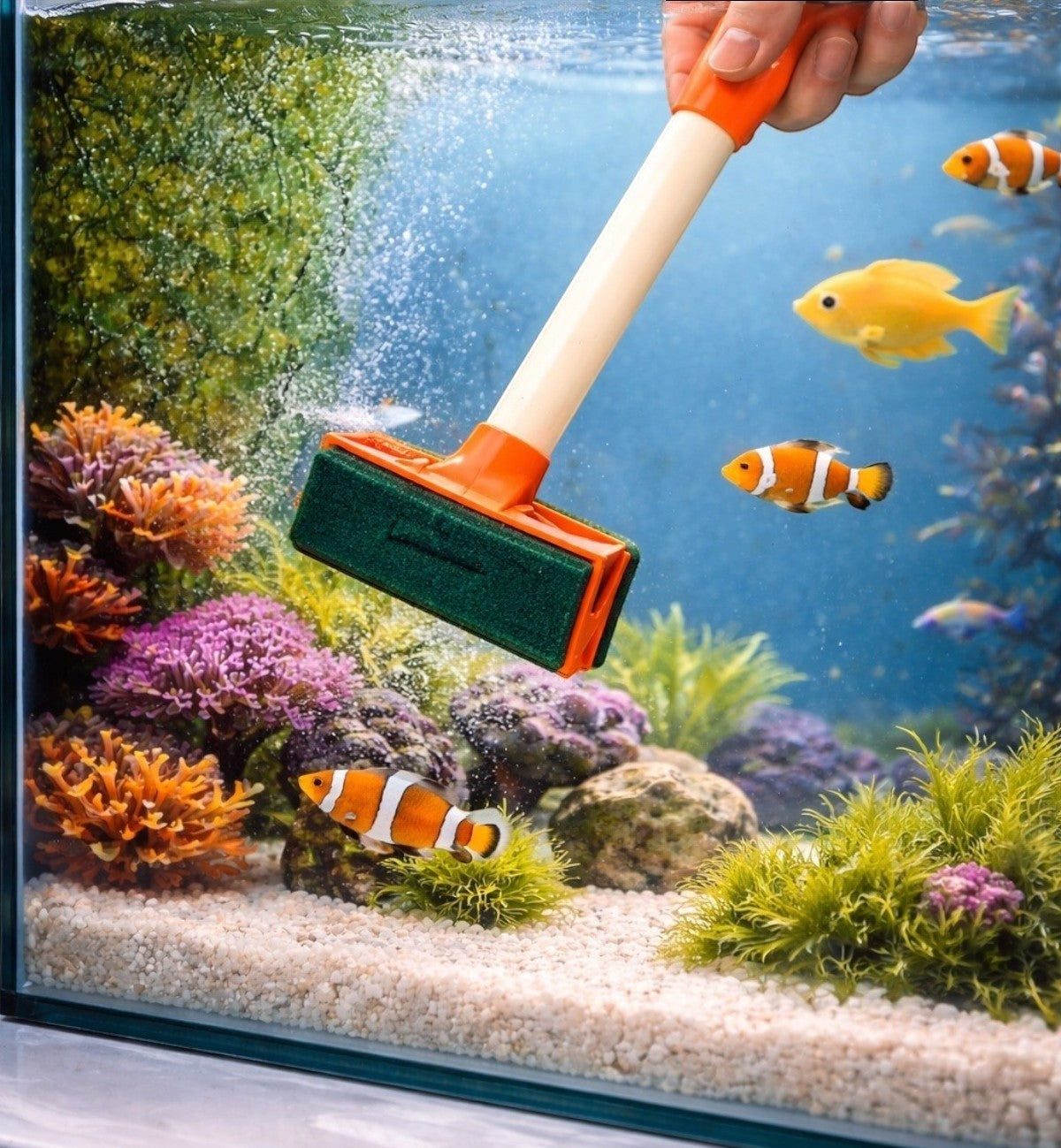 Brosse de nettoyage d'aquarium Animozen Bob 4-en-1 avec manche orange et blanc et tête verte pour vitres et décors.