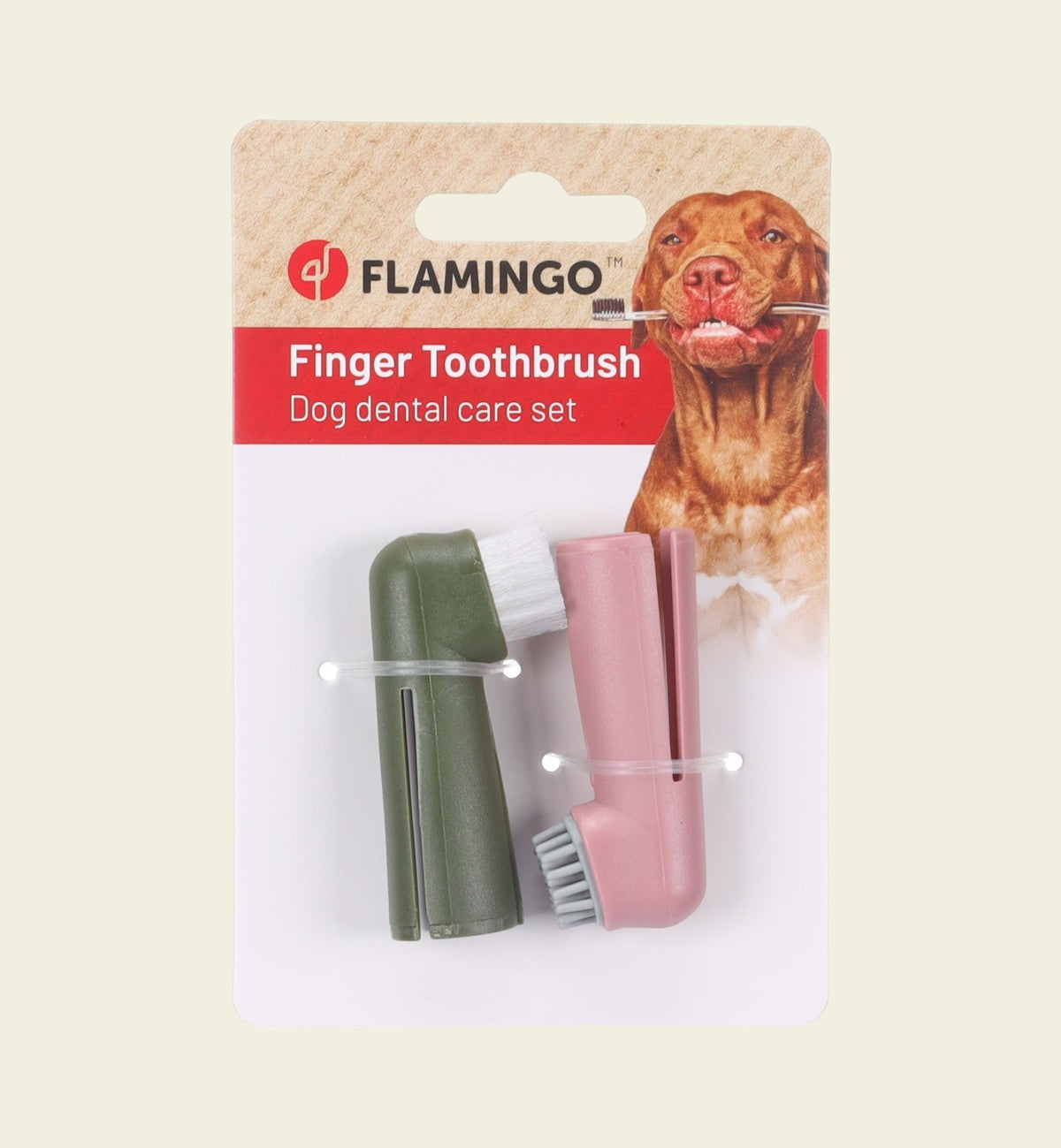Lot de 2 brosses à dents pour chien Animozen en plastique synthétique, une verte pour le tartre, une rose pour les gencives.
