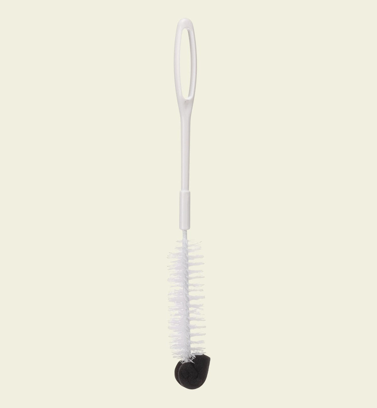 Brosse de nettoyage Animozen Tako blanche et noire, fine et allongée, avec embout éponge, pour abreuvoirs et fontaines.