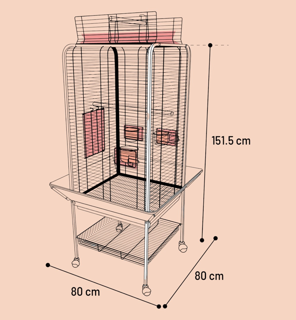 Animozen grande cage pour perruche anthracite sur pied avec ouverture de toit, 4 perchoirs, 3 gamelles et roulettes.