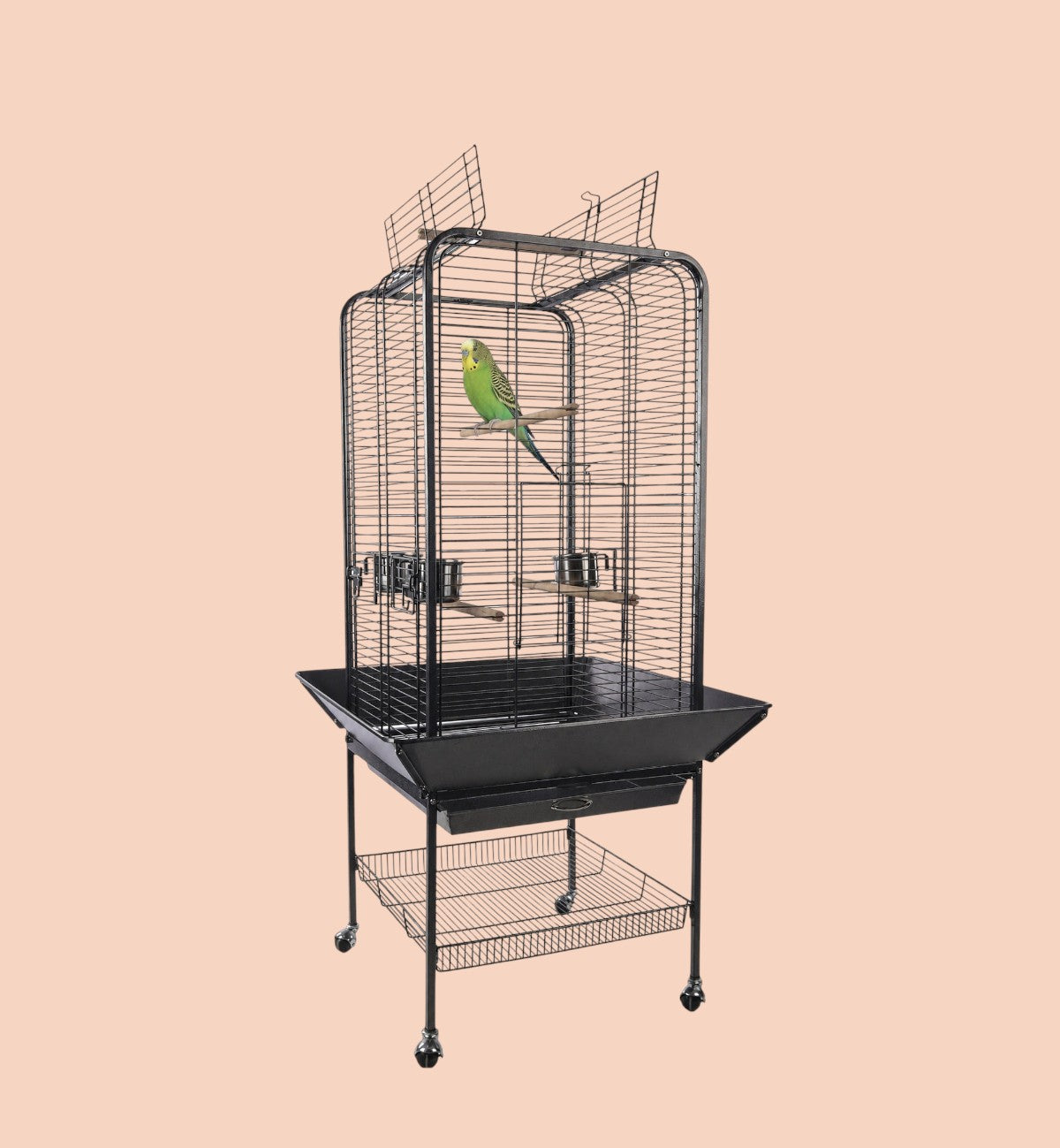 Animozen grande cage pour perruche anthracite sur pied avec ouverture de toit, 4 perchoirs et 3 gamelles.