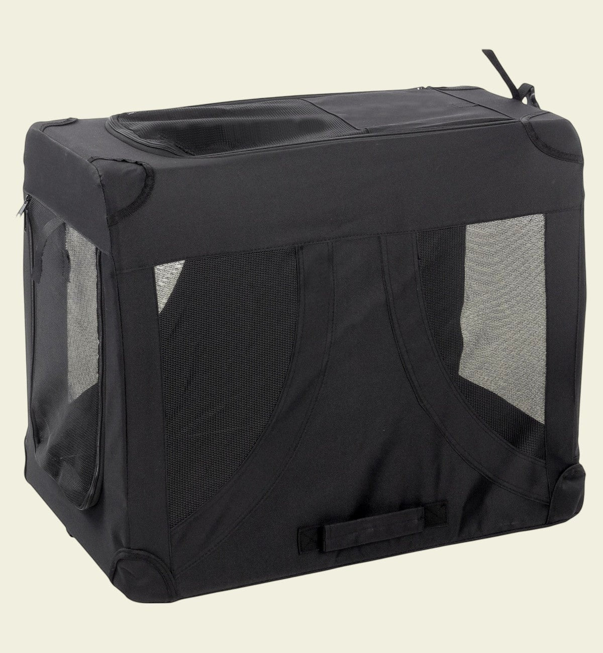 Cage de transport pour animal Animozen noire en nylon et finition Oxford, pliable avec aérations zippées.