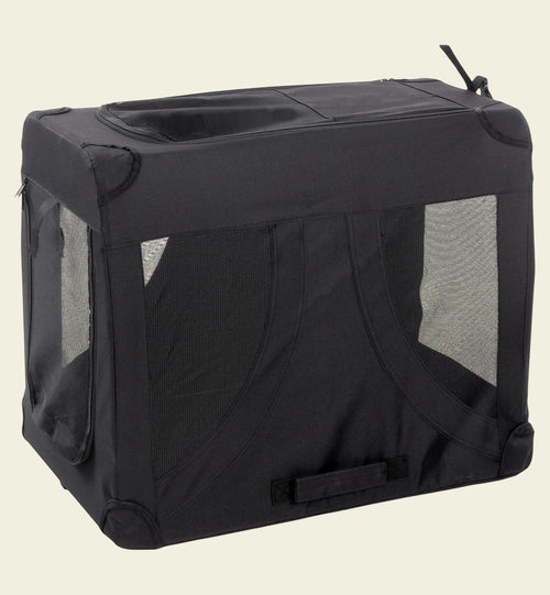 Cage de transport pour animal Animozen noire en nylon et finition Oxford, pliable avec aérations zippées.