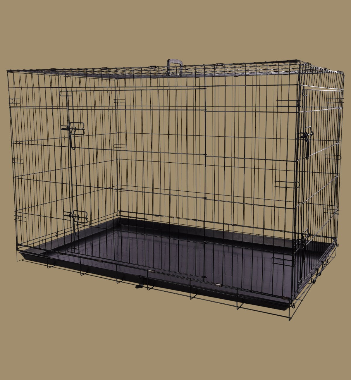 Cage métallique noire pliable Animozen avec 2 portes et plateau amovible, idéale pour transport et sécurité.